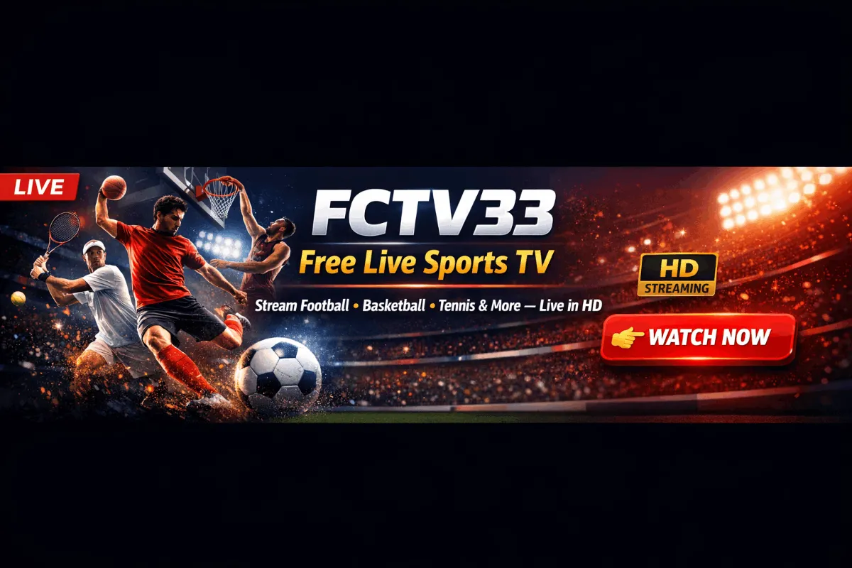 A refined live sports banner for fctv33, celebrating football and basketball with a premium mood